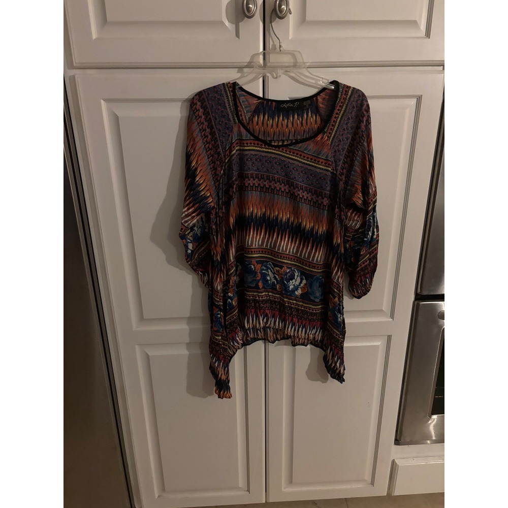 Lola P. Women XL Boho Mixed Print Handkerchief Hem Tunic Blouse 3/4 Sleeve Rayon